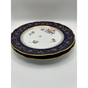 Antique English Cobalt Blue & Raised Gold Gilt Cabinet Plates Set of 2 c.1900